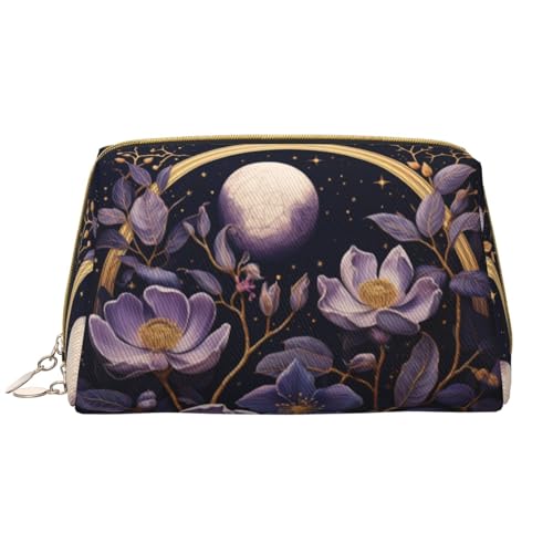 Chrysm Make-up-Tasche mit rundem Pferd, Kulturbeutel und Kosmetiktasche, Reißverschluss-Tasche, Kosmetik-Organizer, niedliche Make-up-Pinsel-Aufbewahrungstasche (groß), Lila Blumen im Mondlicht, von Chrysm