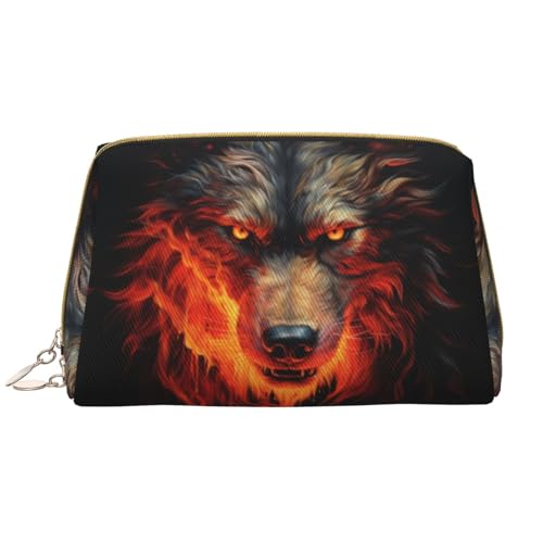 Chrysm Make-up-Tasche mit rundem Pferd, Kulturbeutel und Kosmetiktasche, Reißverschluss-Tasche, Kosmetik-Organizer, niedliche Make-up-Pinsel-Aufbewahrungstasche (groß), Roter Wolf und Feuer, von Chrysm