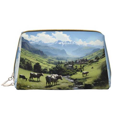 Chrysm Reise-Make-up-Tasche, Kultur- und Kosmetiktasche, Reißverschluss-Tasche, Kosmetik-Organizer, niedliche Make-up-Pinsel-Aufbewahrungstasche (groß), Alpine Bauernhofkühe, Einheitsgröße von Chrysm