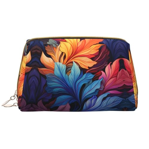 Chrysm Reise-Make-up-Tasche mit Kühen und Erdbeeren, Kultur- und Kosmetiktasche, Reißverschluss-Tasche, Kosmetik-Organizer, niedliche Make-up-Pinsel-Aufbewahrungstasche (groß), Bunte Pflanzenblätter, von Chrysm