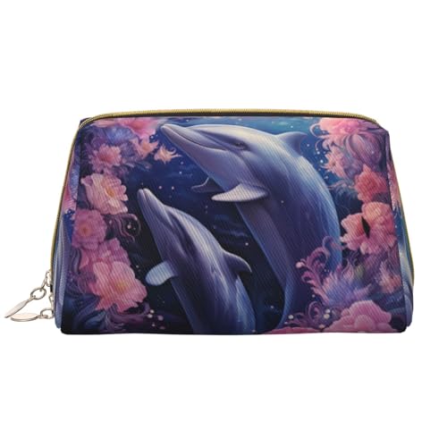 Chrysm Reise-Make-up-Tasche mit Libelle mit rosa Blumen, Kultur- und Kosmetiktasche, Reißverschluss-Tasche, Kosmetik-Organizer, niedliche Make-up-Pinsel-Aufbewahrungstasche (groß), Tiefsee-Delfine und von Chrysm