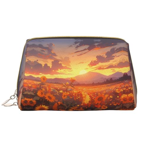 Chrysm Reise-Make-up-Tasche mit gelben Sonnenblumen bei Sonnenuntergang, Kultur- und Kosmetiktasche, Reißverschluss-Tasche, Kosmetik-Organizer, niedliche Make-up-Pinsel-Aufbewahrungstasche (groß), von Chrysm