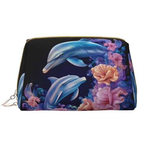 Kultur- und Kosmetiktasche, Kosmetiktasche, Kosmetiktasche, Kosmetiktasche, Organizer, niedliche Make-up-Pinsel-Aufbewahrungstasche (groß), Blaue Delfine und rosa Blumen, Einheitsgröße von Chrysm