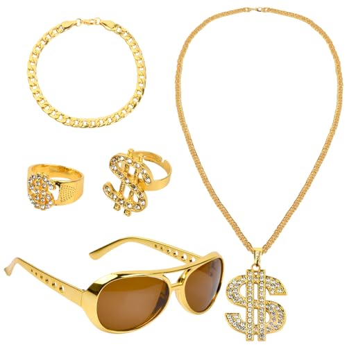 Chstarina Dollar Zeichen Halskette Ring Set 5 Stück, Hip Hop Kostüm Set, Punk Gold Kette, Rockstar Brille Rapper, 80er 90er Jahre Accessoires Herren, Fasching Karneval Requisiten von Chstarina