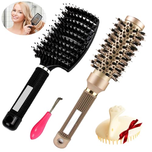 Haarbürste ohne Ziepen Herren, Damen Rundbürste Wildschweinborsten, Detangler Bürste Lange Haare für Locken Dicke, Entwirrbürste set inkl. Rundhaarbürste, Paddelbürste, Bürstenreiniger, Shampoobürste Haarbürste ohne Ziepen Herren, Damen Rundbürste Wildschweinborsten, Detangler Bürste Lange Haare für Locken Dicke, Entwirrbürste set inkl. Rundhaarbürste, Paddelbürste, Bürstenreiniger, Shampoobürste von Chuainxin