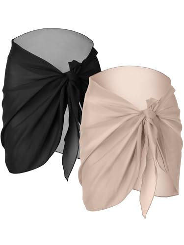 Chuangdi 2 Stück Sarong-Überzüge für Damen, Badeanzug, Rock, Strand-Wickel-Badeanzug, Bikini-Überzug für Bademode, Schwarz, Khaki, Medium von Chuangdi