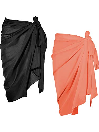 2 Stück Sarong Coverups für Damen, Badeanzug, Wickel-Badeanzug, Rock, Strand, Bikini, Bademode, Chiffon, Größe S-L, Schwarz / Orange, Large von Chuangdi