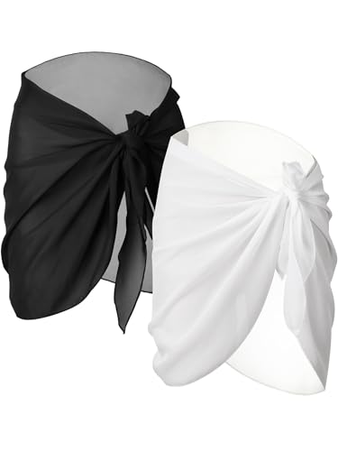 2 Stück Sarong Coverups für Frauen Badeanzug Wickel-Badeanzug Rock Strand Bikini Cover Up Bademode Chiffon, schwarz, weiß, Medium von Chuangdi