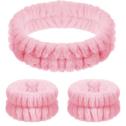 Chuangdi 3 Stück Spa Gesicht Stirnband Handgelenk Waschbänder Set Weiches Makeup Haarband Elastisch Handgelenk Schweißband Flauschiges Kosmetik Stirnband für Damen Mädchen (Rosa, Reiner Stil) von Chuangdi