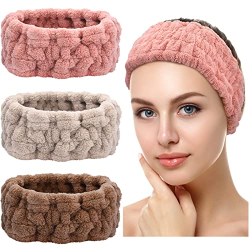 3 Stück Spa Gesicht Stirnbänder für Make Up und Waschen Gesicht Frottee Kosmetik Haarbänder Yoga Sport Elastisch Schminken Stirnband für Mädchen Damen (Rosa, Grau, Dunkelbraun) von Chuangdi