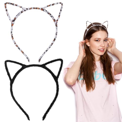 Chuangdi 2 Stück Katzenohren Stirnbänder Katzenohren Kopfbedeckungen Stoff Schwarz Leopard Katzen Haarschmuck für Mädchen Damen Halloween Schminken Party Cosplay, 2 Stile (Grau Leopard, Schwarz) von Chuangdi