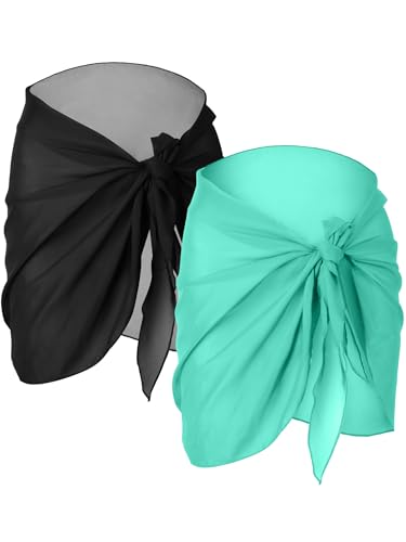 Chuangdi 2 Stück Sarong Coverups für Frauen Badeanzug Wickel-Badeanzug Rock Strand Bikini Cover Up Bademode Chiffon, Schwarz, Hellgrün, Medium von Chuangdi