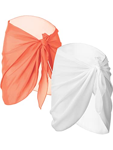 Chuangdi 2 Stück Sarong Coverups für Frauen Badeanzug Wickel-Badeanzug Rock Strand Bikini Cover Up Bademode Chiffon, Weiß, Orange, Medium von Chuangdi