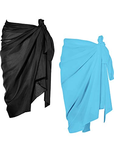 Chuangdi 2 Stück Sarong Coverups für Frauen Badeanzug Wickelrock Strand Bikini Cover Up Bademode Chiffon, Schwarz und Hellblau von Chuangdi