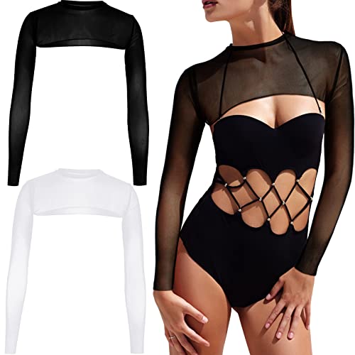 Chuarry 2 Damen Mesh Crop Tops Langarm Sheer Mesh Bolero Open Front Durchsichtiges Shirt für Yoga, schwarz und weiß, Klein von Chuarry
