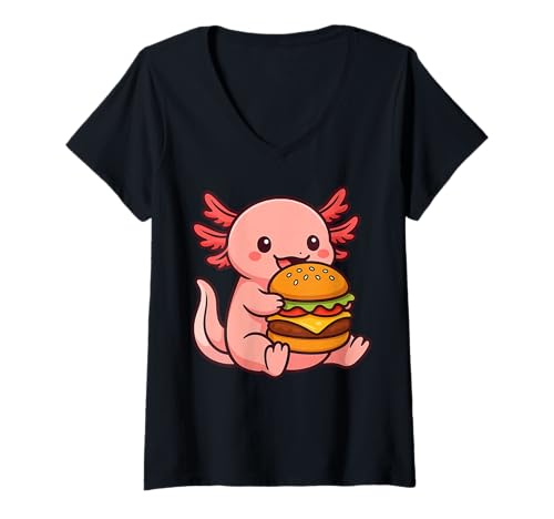 Damen Axelotl isst einen Hamburger T-Shirt mit V-Ausschnitt Damen Axelotl isst einen Hamburger T-Shirt mit V-Ausschnitt von Chubby Critters Apparel