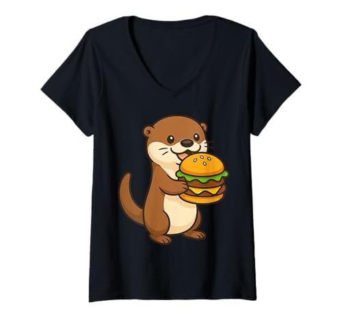 Damen Otter isst einen Hamburger T-Shirt mit V-Ausschnitt Damen Otter isst einen Hamburger T-Shirt mit V-Ausschnitt von Chubby Critters Apparel