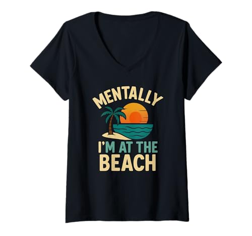 Damen Geistig Bin ich am Strand Lustige Urlaubssommerstimmung T-Shirt mit V-Ausschnitt von Chubby Guys Cuddle Better