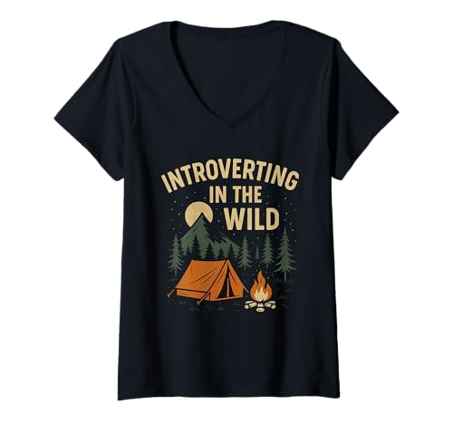 Damen Introvertiert in der Wildnis Lustiges Campen in der Natur T-Shirt mit V-Ausschnitt von Chubby Guys Cuddle Better