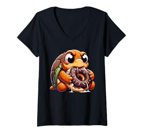 Damen Niedliche Schildkröte mit süßem Donut-Cartoon-Design T-Shirt mit V-Ausschnitt Damen Niedliche Schildkröte mit süßem Donut-Cartoon-Design T-Shirt mit V-Ausschnitt von Chubby Turtle Dessert Fun Designs