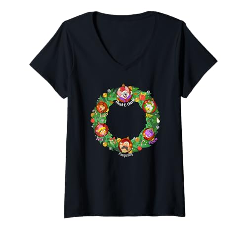 Damen Chuck E. Cheese Christmas Classic Characters Wreath T-Shirt mit V-Ausschnitt Damen Chuck E. Cheese Christmas Classic Characters Wreath T-Shirt mit V-Ausschnitt von Chuck E. Cheese