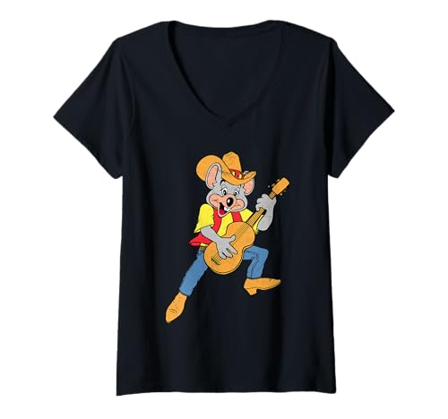Damen Chuck E. Cheese Cowboy Chuck E. Playing Guitar Distressed T-Shirt mit V-Ausschnitt von Chuck E. Cheese