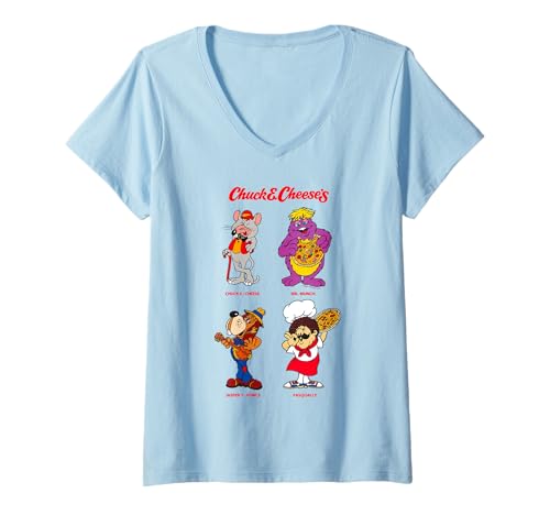 Damen Chuck E. Cheese Mr. Munch Jasper & Pasqually Group Shot T-Shirt mit V-Ausschnitt Damen Chuck E. Cheese Mr. Munch Jasper & Pasqually Group Shot T-Shirt mit V-Ausschnitt von Chuck E. Cheese