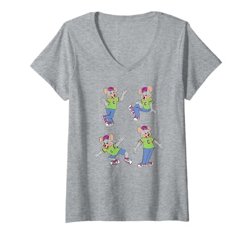Damen Chuck E. Cheese Multiple Chuck E. Poses Distressed T-Shirt mit V-Ausschnitt von Chuck E. Cheese