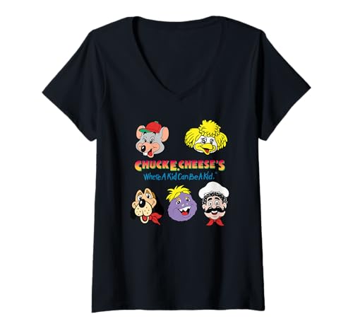 Damen Chuck E. Cheese's Where A Kid Can Be A Kid Friendly Faces T-Shirt mit V-Ausschnitt Damen Chuck E. Cheese's Where A Kid Can Be A Kid Friendly Faces T-Shirt mit V-Ausschnitt von Chuck E. Cheese
