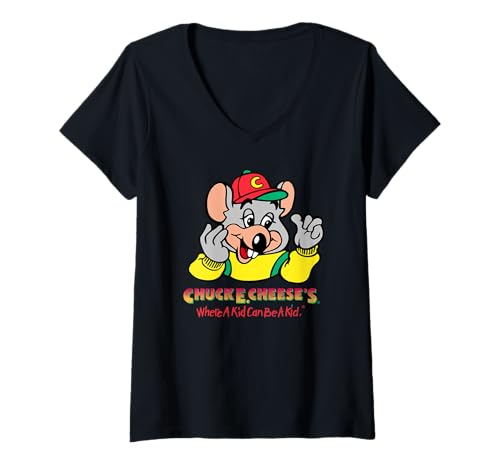 Damen Chuck E. Cheese's Where A Kid Can Be A Kid Retro Chest Logo T-Shirt mit V-Ausschnitt von Chuck E. Cheese