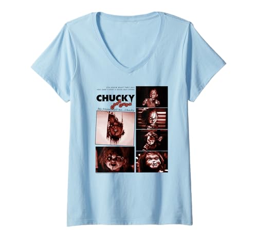 Damen Chucky Blood Red Frames Creepy Doll Close Up Collage T-Shirt mit V-Ausschnitt von Chucky