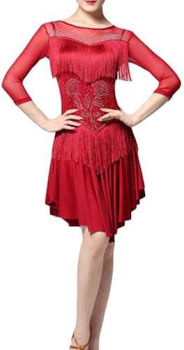 Damen Latin Dance Performance Sparkling Rose Pailletten Muster Fransen Salsa Ballsaal Party Unregelmäßiger Saum Plissee Flapper Kleid, Weinrot, M von Chukamalilayi