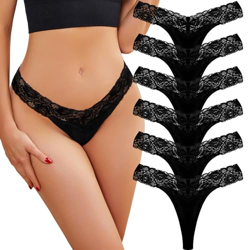 Chumix 6er Pack String Tanga Damen – Spitzen Unterwäsche Frauen, V-Waist Thongs Women, Hipster Seamless Slip, Unsichtbare Bequem, Unterhosen Damen Baumwolle Für Alle Jahreszeiten von Chumix