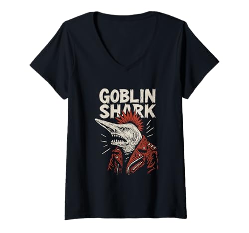 Damen Goblin Shark Punk Rock Tiefsee Kreatur Design T-Shirt mit V-Ausschnitt von Chunk By Chunk