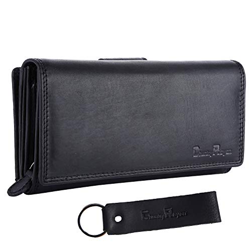 Chunkyrayan Damen Portemonnaie Echtleder XXL RFID Schutz inklusive Leder Schlüsselanhänger P GB-7 Black 1 von Chunkyrayan