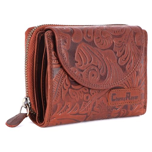 Chunkyrayan Echtleder Damen Geldbörse Hochwertig Vintage RFID Schutz inklusive Leder Schlüsselanhänger GB-3 Dark Brown Flower von Chunkyrayan