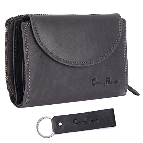 Chunkyrayan Echtleder Damen Geldbörse Hochwertig Vintage RFID Schutz inklusive Leder Schlüsselanhänger GB-3 Grey von Chunkyrayan