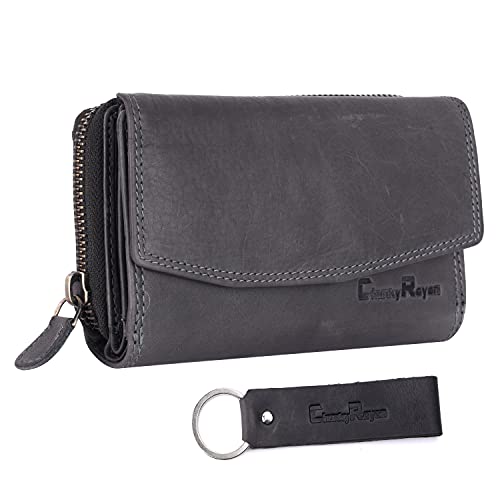 Chunkyrayan Echtleder Damen Geldbörse Hochwertig Vintage RFID Schutz inklusive Leder Schlüsselanhänger GB-6 Grey von Chunkyrayan