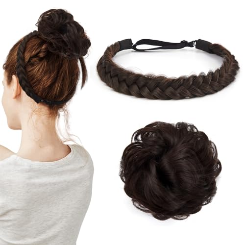Chunyin 1 Kunsthaar Geflochtenes Stirnband 1 Haarreifen Zopf Geflochten Groß Dutt Trachten Haarband Unordentlich Dutt Extensions Fluffy Braids Wig Haarband Damen Bayerisch Bierfest(Dunkelbraun) von Chunyin