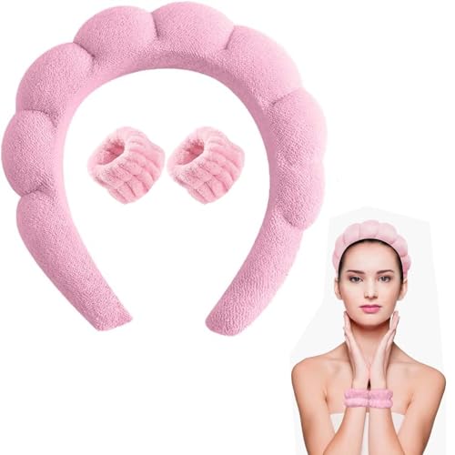 Haarbänder für Damen, rutschfeste, stilvolle Haarbänder für Damen, Make-up-Haarband, Stirnband für Damen, Gesichtswäsche, Dusche, Gesichts-Spa, inklusive 2 Armbänder (Rosa) von Chuppinz