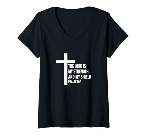 Damen Psalmen 28 7 Gott Jesus Herr Christian Stärke Schild T-Shirt mit V-Ausschnitt Damen Psalmen 28 7 Gott Jesus Herr Christian Stärke Schild T-Shirt mit V-Ausschnitt von Church Bible Verses for Pastor Clergy Priest by RJ