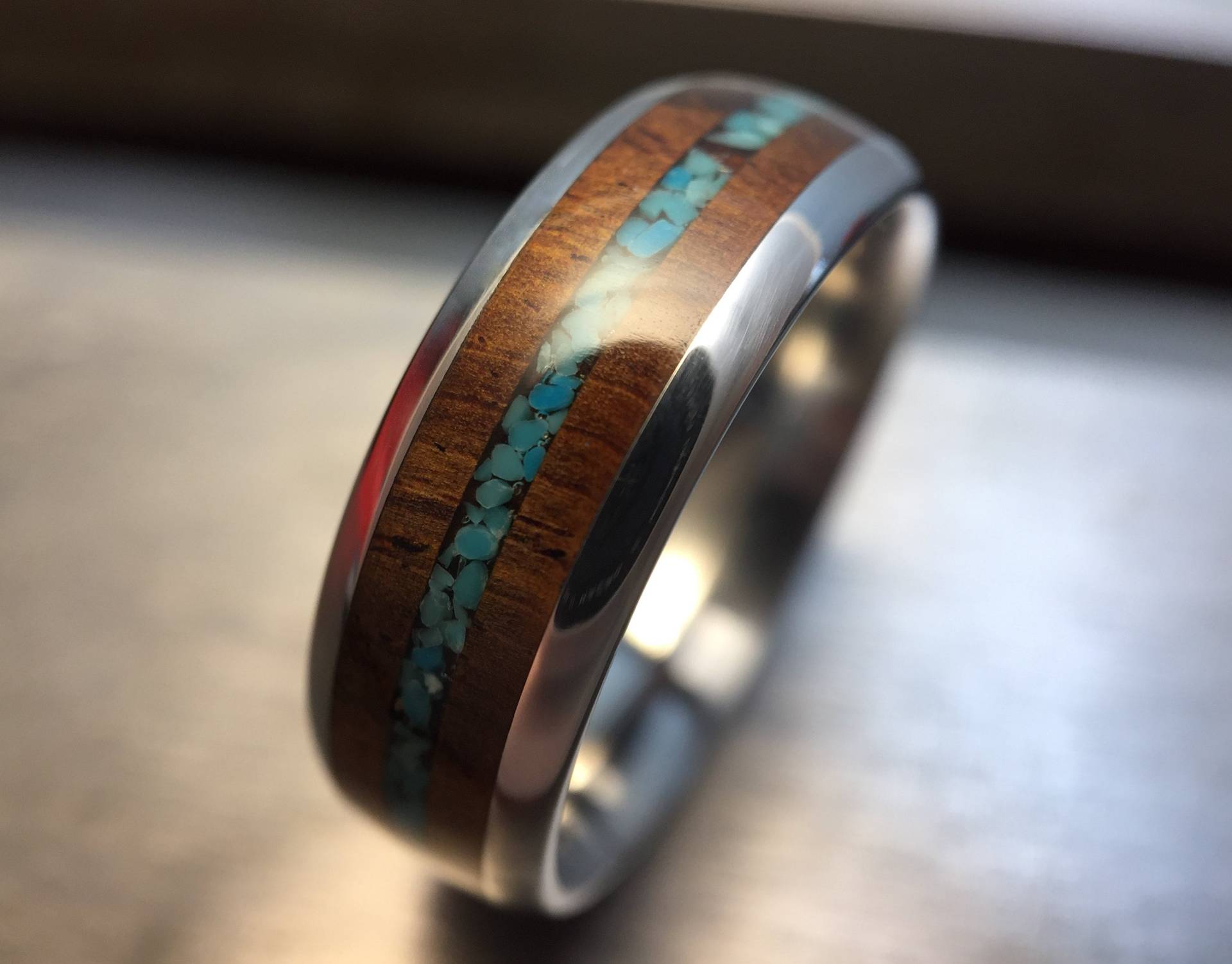 Bocote Holzring Türkis Stein Inlay, Massiver Ehering von ChurchWoods