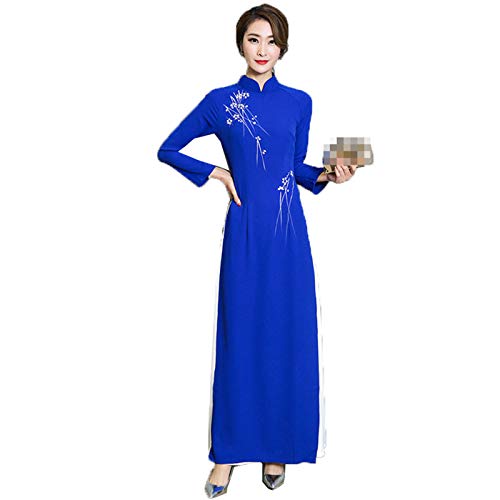 Anmutiges Vietnam-Stil Floral Traditionelles Kleid Frauen Asiatische Kleidung Ao Dai Kleidung Cheongsam Vestidos Gr. Medium, Blaues Kleid von Chyoieya
