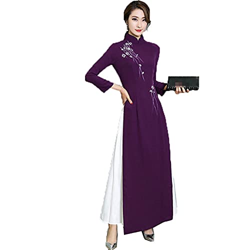 Anmutiges Vietnam-Stil Floral Traditionelles Kleid Frauen Asiatische Kleidung Ao Dai Kleidung Cheongsam Vestidos Gr. Medium, Violettes Kleid von Chyoieya