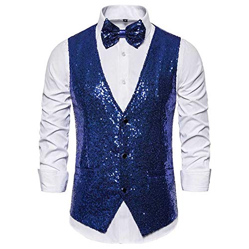 Glänzende Herren-Weste, silberne Glitzer-Weste, Party-Weste, Schleife, Hochzeit, Nachtclub, Bühnen-Weste, Anzugweste Gr. XXL, königsblau von Chyoieya