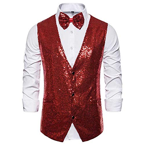 Glänzende Herren-Weste, silberne Glitzer-Weste, Party-Weste, Schleife, Hochzeit, Nachtclub, Bühnen-Weste, Anzugweste Gr. XXL, weinrot von Chyoieya