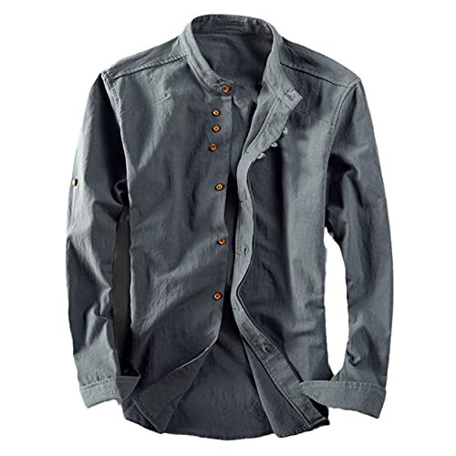 Herren Baumwoll-Leinen-Hemden, langärmelig, einfarbig, lässig, weich, chinesischer Stil, Stehkragen, Hemd für Männer, lockeres Hemd Gr. 58, dunkelgrau von Chyoieya
