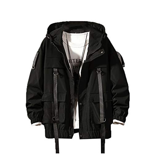 Herren Streetwear Hip Hop Bomberjacke Harajuku Bänder Taschen Windbreaker Koreanischer Stil Mode Kleidung Gr. XL, Schwarz von Chyoieya