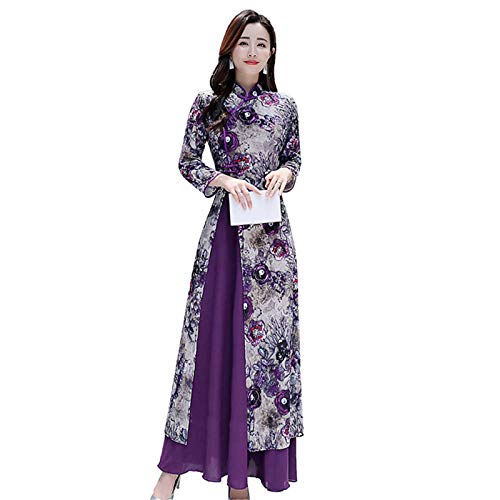 Traditionelle Vietnam-Frau, Retro, Ao Dai, elegant, chinesischer Stil, Cheongsam, Blumenmuster, Festival, Hochzeit, Abendkleid, Qipao Gr. L, violett von Chyoieya