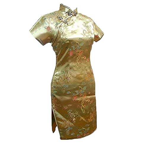 Vintage Drache und Phoenix Kurz Qipao Elegant Frauen Cheongsam Mandarinenkragen Sexy Mini Chinesisches Kleid Oversize, Gold 1, L von Chyoieya